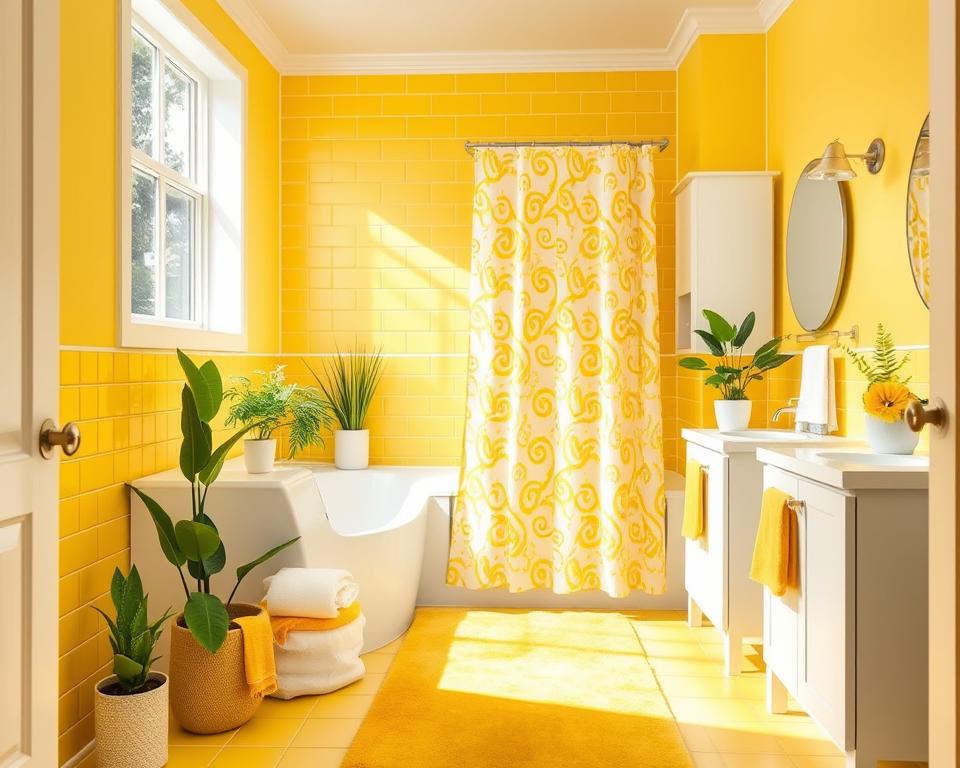 bathroom decor yellow and white