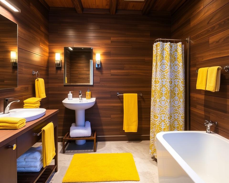 brown bathroom with yellow accents