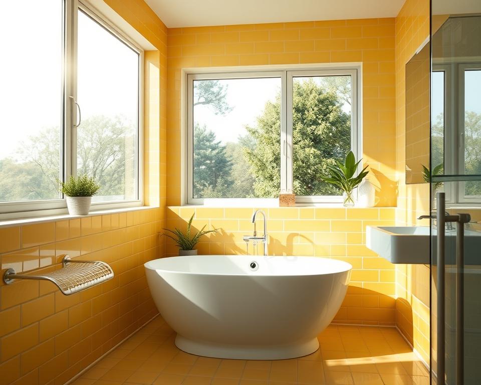 natural light in yellow tile bathroom