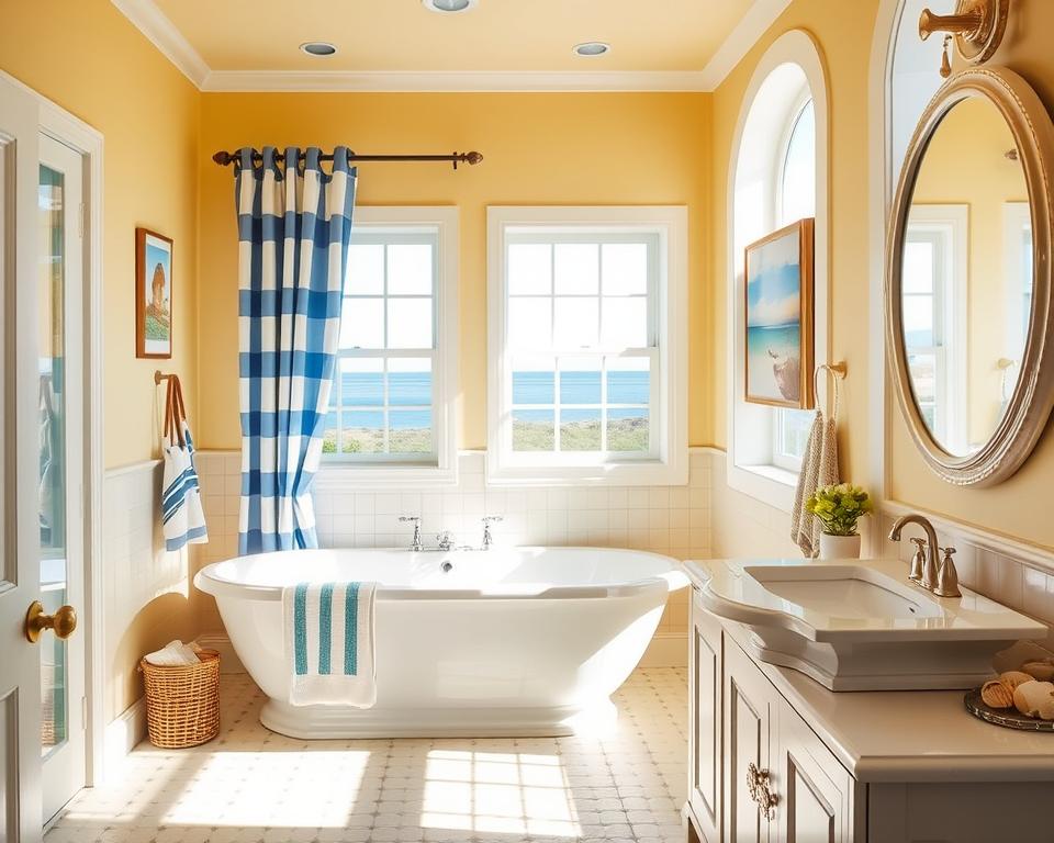 nautical-inspired yellow and blue bathroom