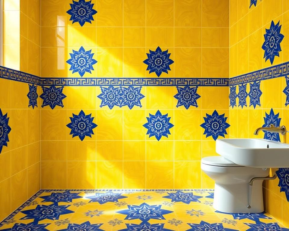 patterned tiles for yellow and blue bathroom