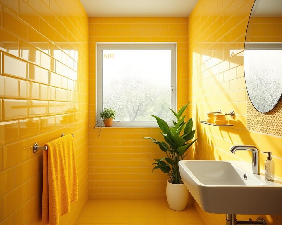 textures in yellow tile bathroom