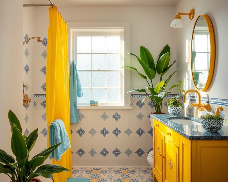 yellow and blue bathroom decor