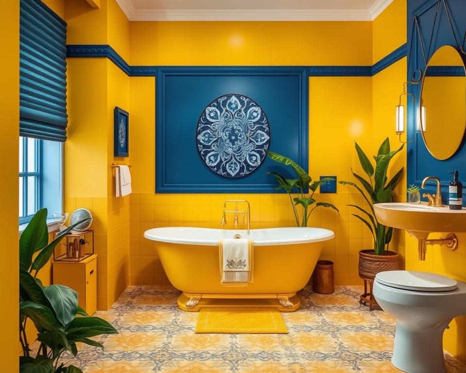 yellow and blue bathroom decor