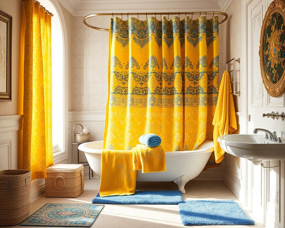 yellow and blue bathroom textiles