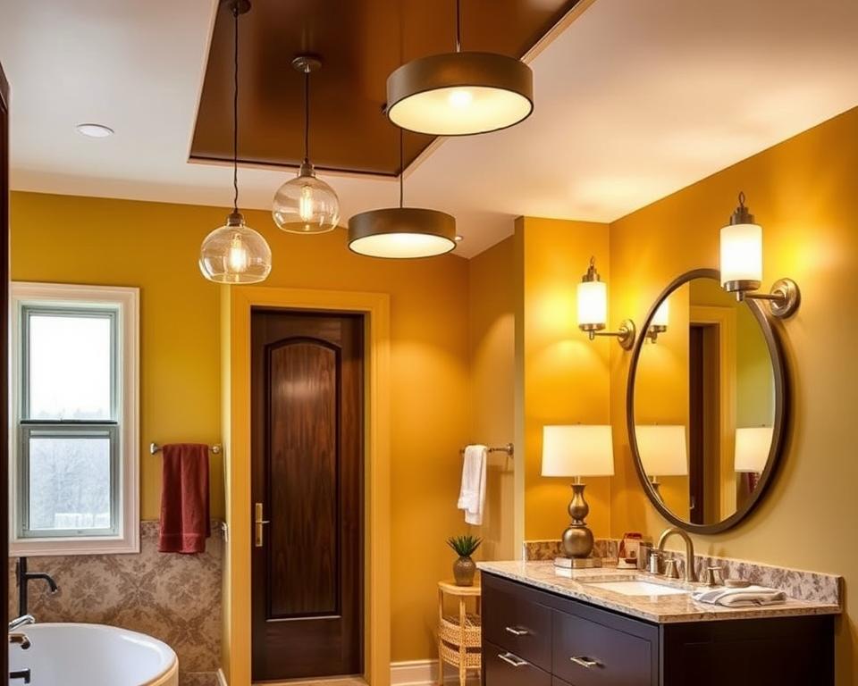 yellow and brown bathroom lighting