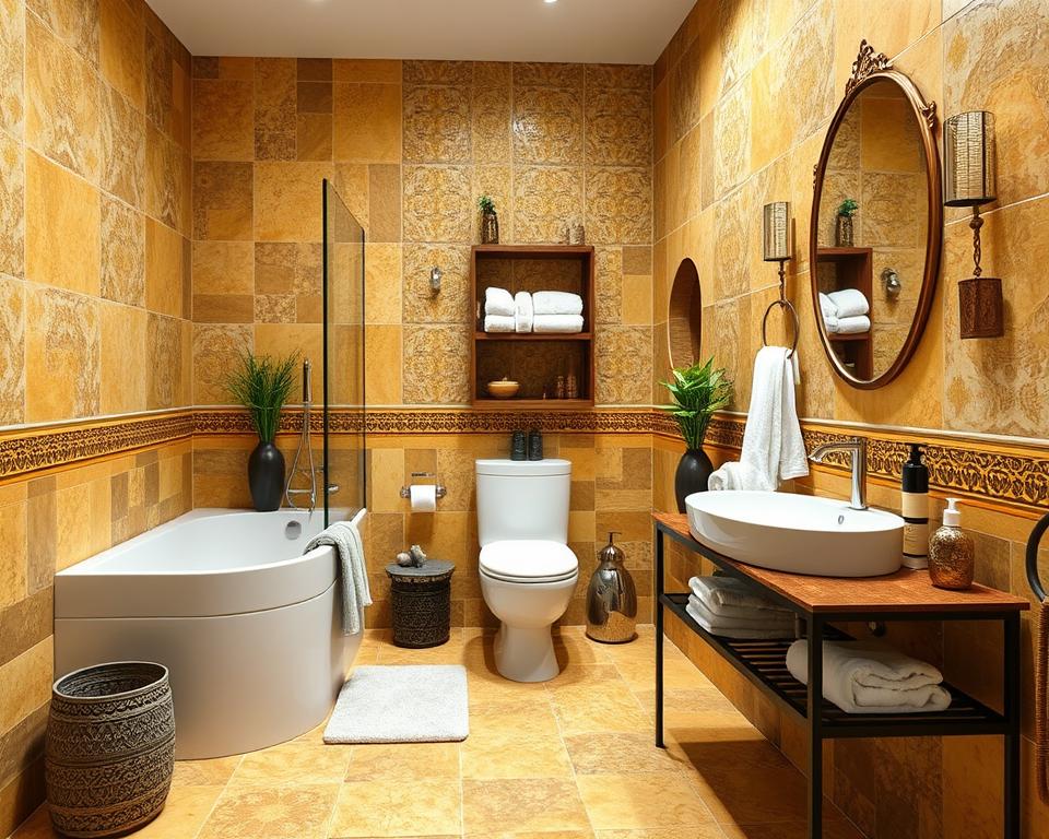 yellow and brown bathroom patterns