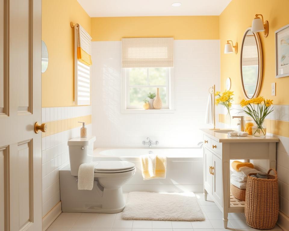 yellow and white bathroom decor