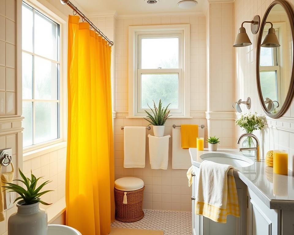 yellow and white patterned bathroom